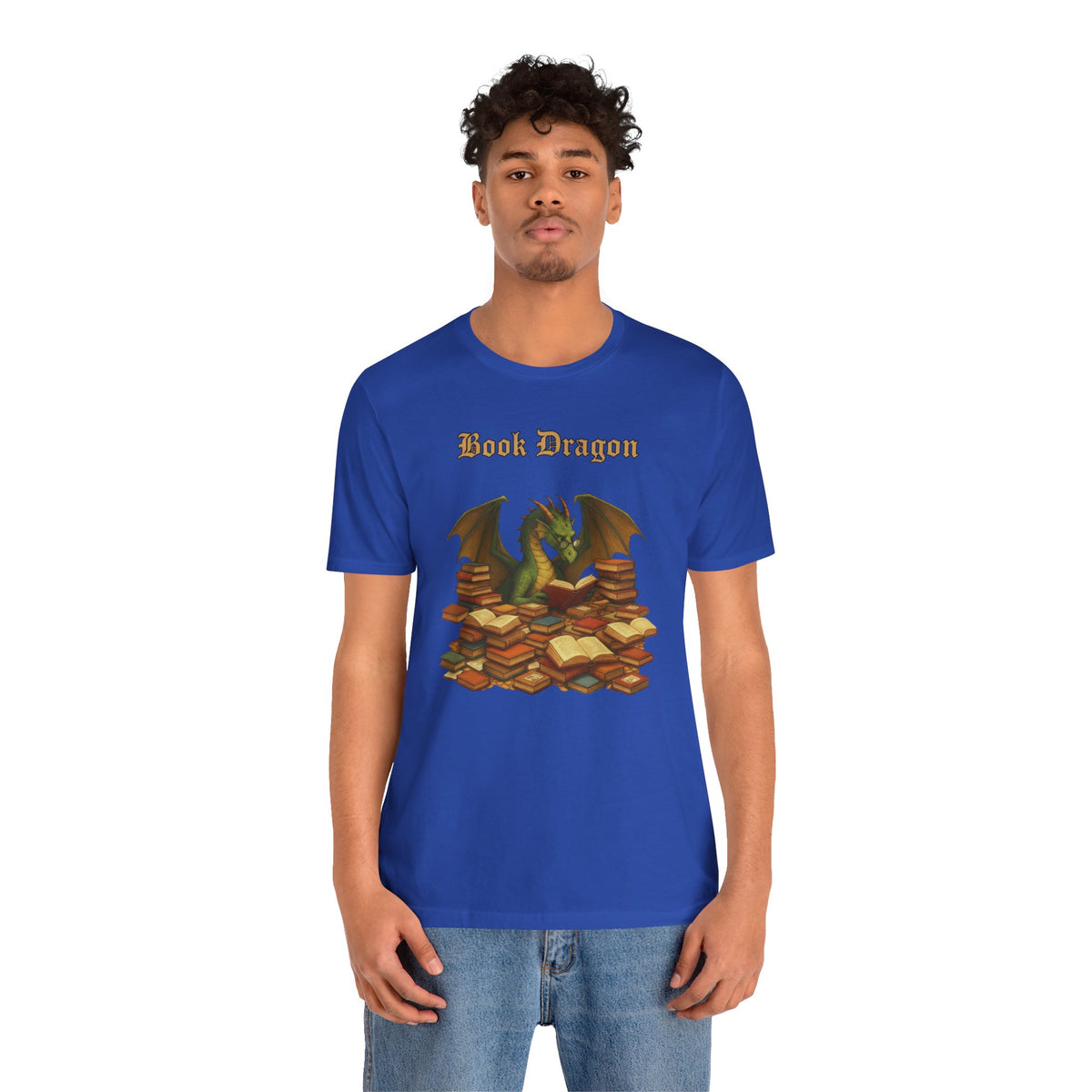 Royal blue t-shirt with dragon over books graphic, front view on male model