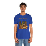 Royal blue t-shirt with dragon over books graphic, front view on male model