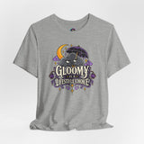 Heather gray t-shirt with colorful gothic moon-and-cat graphic and stylized text