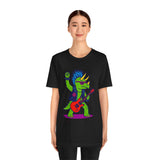 Black crewneck t-shirt featuring colorful triceratops punk guitar graphic on chest