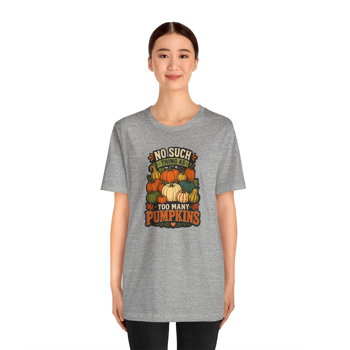 Heather gray crew-neck T-shirt with stacked pumpkin graphic centered on chest.