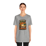 Heather gray crew-neck T-shirt with stacked pumpkin graphic centered on chest.