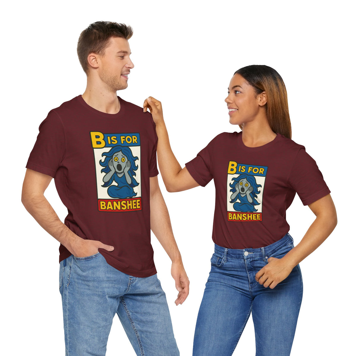 Maroon Banshee alphabet T-shirts with 'B is for Banshee' front prints