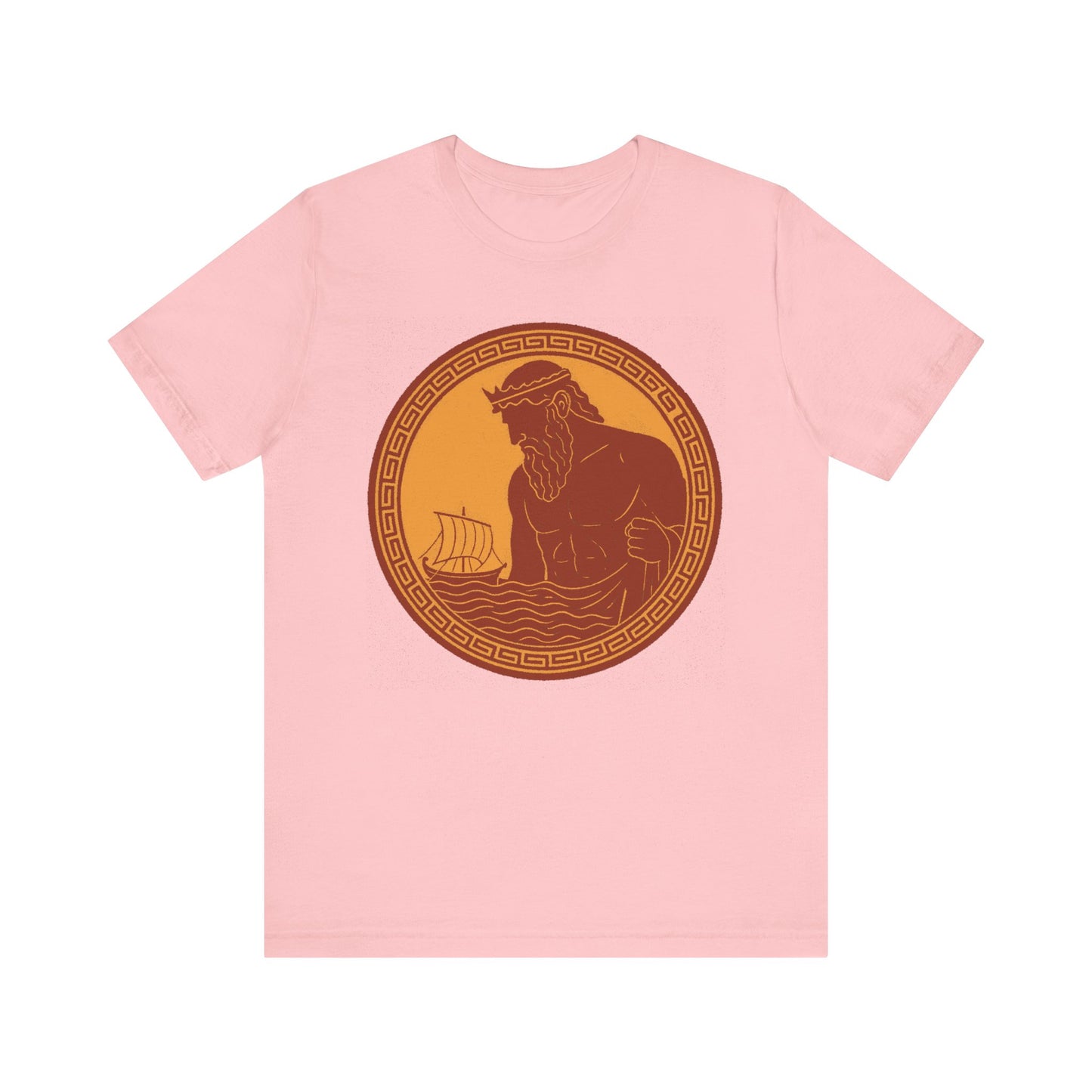 Pink Poseidon Epic T shirt from WhimSpin. This shirt features an ancient greek amphora style image of Poseidon raising from the sea and looming over a boat on the waves. Image is in terracotta cotta red and golden yellow. 