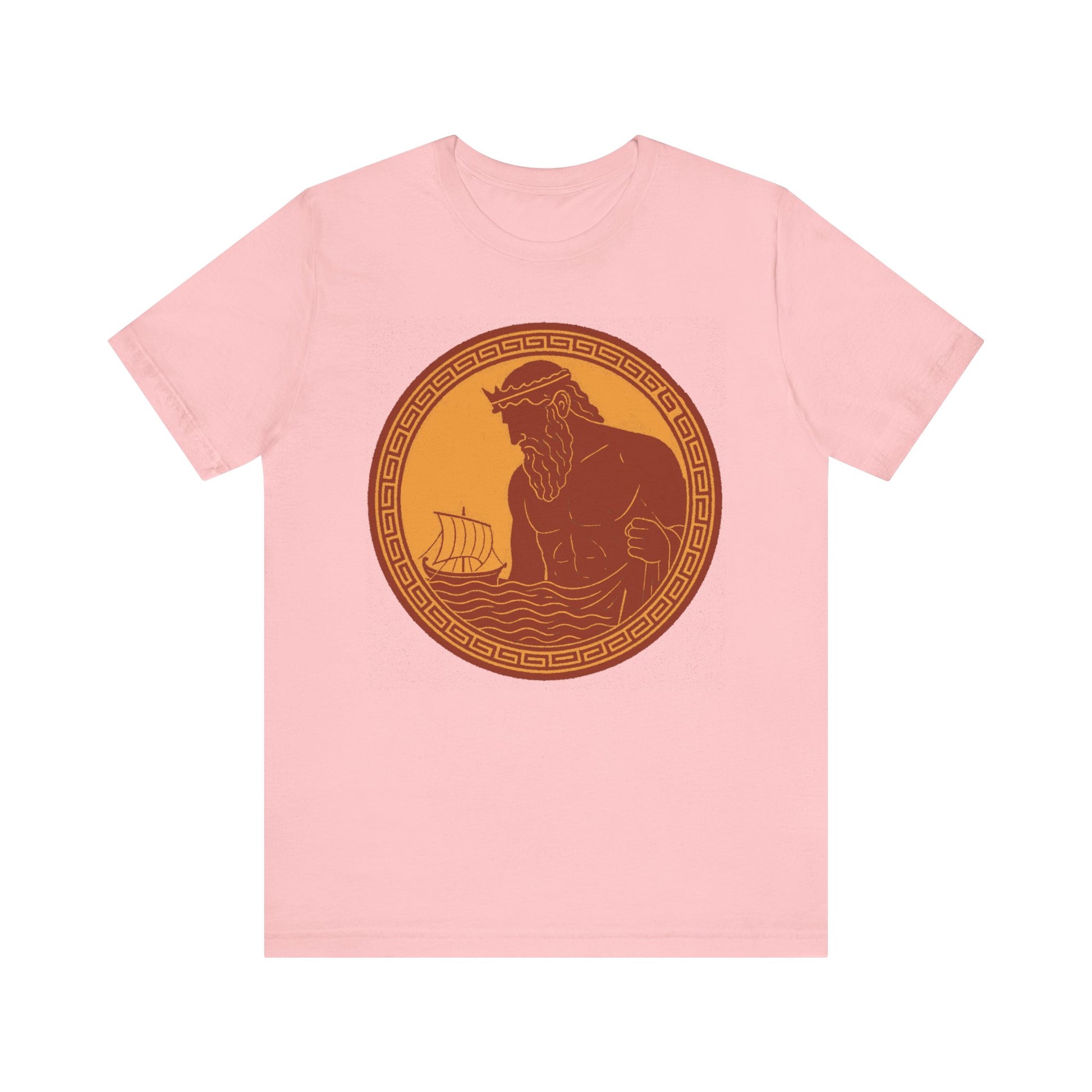 Pink Poseidon Epic T shirt from WhimSpin. This shirt features an ancient greek amphora style image of Poseidon raising from the sea and looming over a boat on the waves. Image is in terracotta cotta red and golden yellow. 