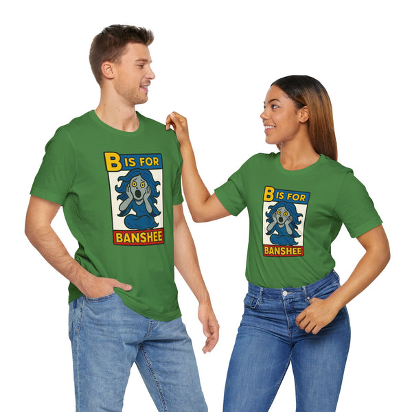 Green crew-neck T-shirt set with front B is for Banshee graphic, short sleeves