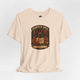 Light cream crew-neck T-shirt with Pumpkin Spice Elixir graphic on chest