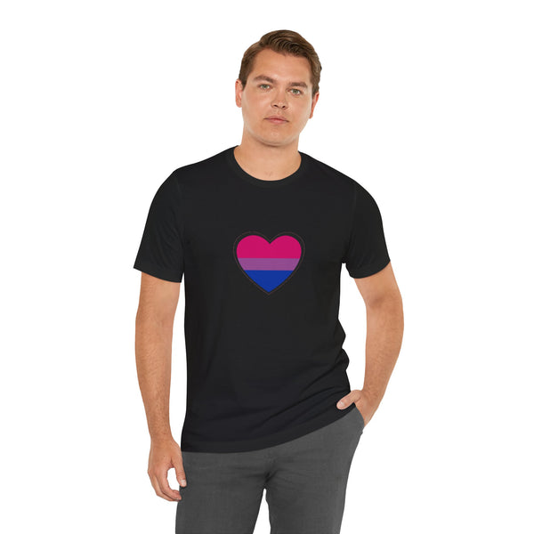 Black crew-neck T-shirt with bi pride heart graphic, worn by male model