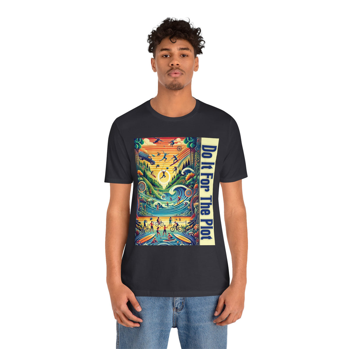 Black crewneck T-shirt front view with colorful square graphic and vertical “Do it for the Plot”