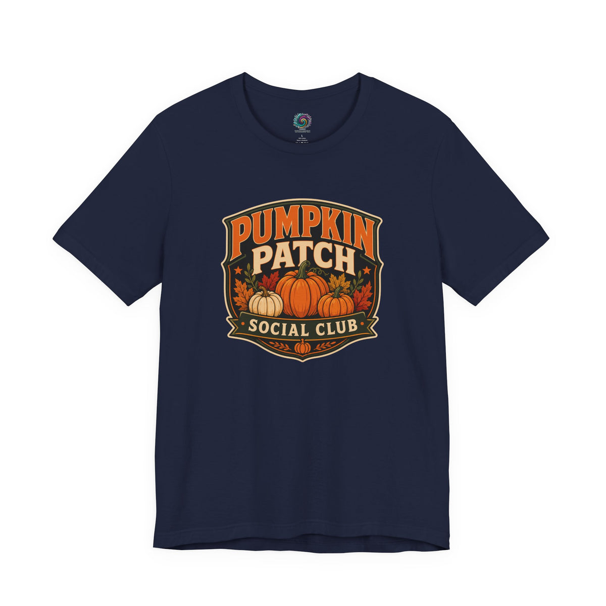 Navy crew-neck T-shirt with “Pumpkin Patch Social Club” pumpkin graphic chest print