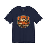 Navy crew-neck T-shirt with “Pumpkin Patch Social Club” pumpkin graphic chest print