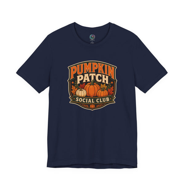 Navy crew-neck T-shirt with “Pumpkin Patch Social Club” pumpkin graphic chest print