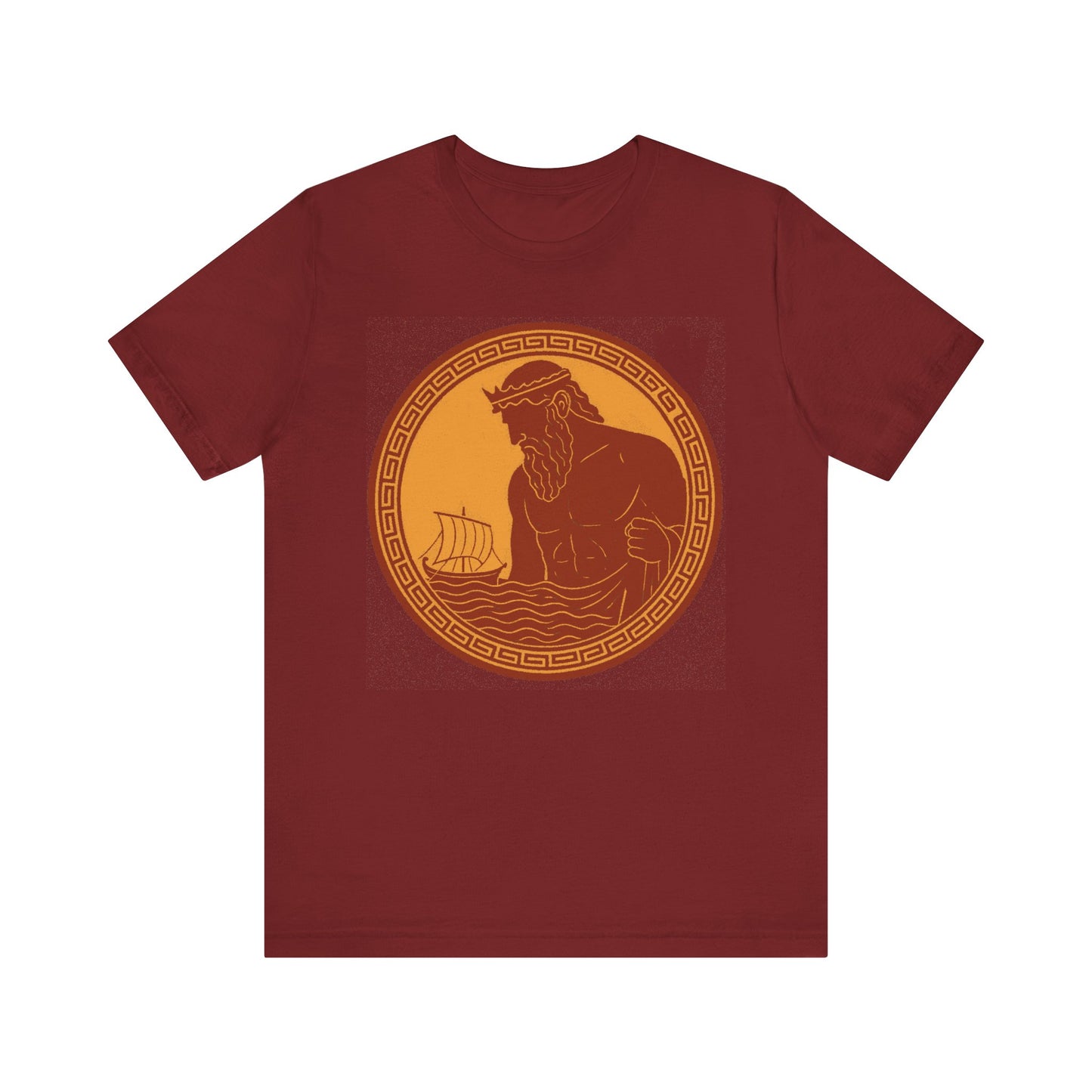 Red Poseidon Epic T shirt from WhimSpin. This shirt features an ancient greek amphora style image of Poseidon raising from the sea and looming over a boat on the waves. Image is in terracotta cotta red and golden yellow. 