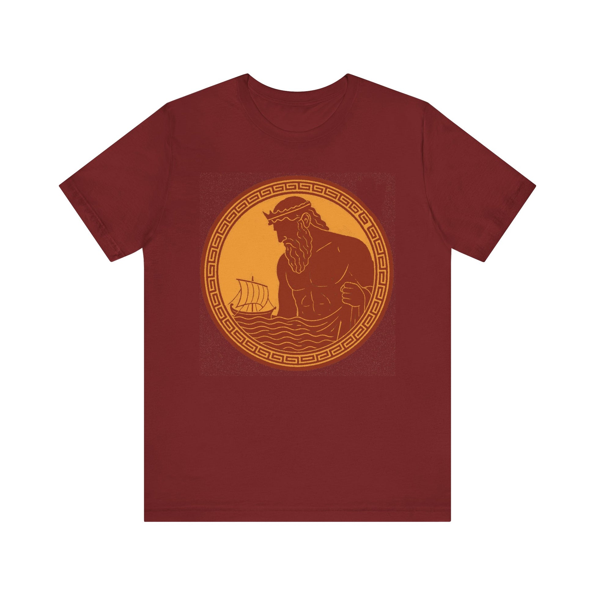 Red Poseidon Epic T shirt from WhimSpin. This shirt features an ancient greek amphora style image of Poseidon raising from the sea and looming over a boat on the waves. Image is in terracotta cotta red and golden yellow. 