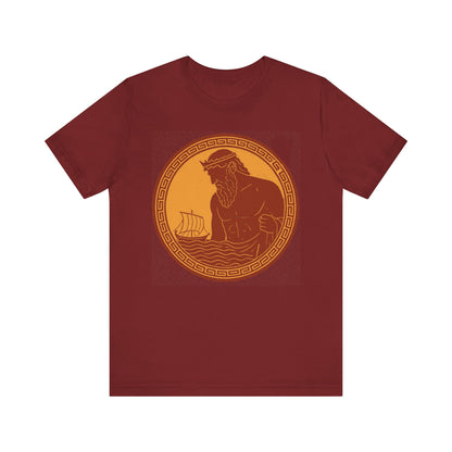 Red Poseidon Epic T shirt from WhimSpin. This shirt features an ancient greek amphora style image of Poseidon raising from the sea and looming over a boat on the waves. Image is in terracotta cotta red and golden yellow. 