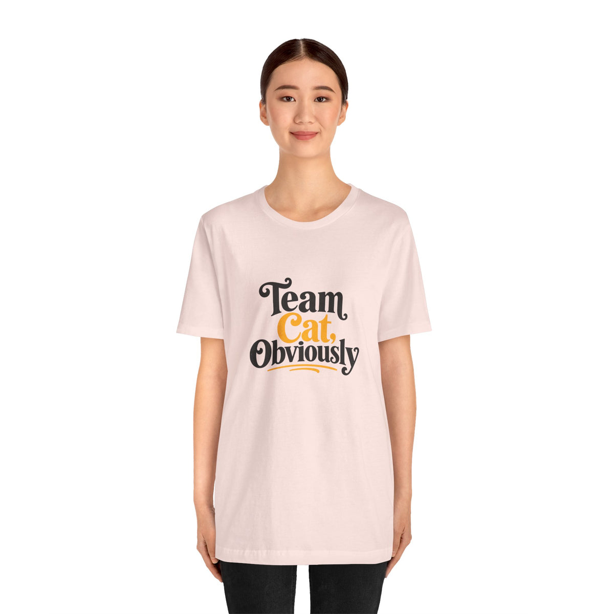 Soft pink crew-neck t-shirt with “Team Cat Obviously” cat graphic print on front