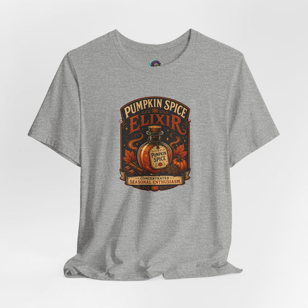 Heather gray crewneck T-shirt with “Pumpkin Spice Elixir” graphic print