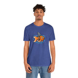 Blue crewneck t-shirt with orange fish-and-shark swimming graphic, relaxed fit