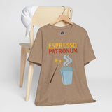 Heather tan T-shirt on hanger with “Espresso Patronum” text and steaming coffee cup graphic