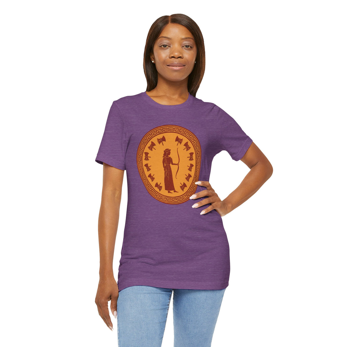 Heather purple crew-neck t-shirt with orange circular design at center