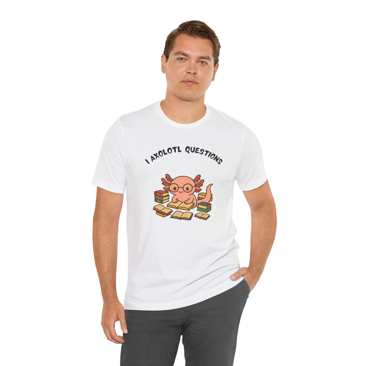 White crewneck t-shirt on male model with axolotl reading graphic
