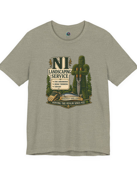 Heather stone crew-neck T-shirt with green gardening-themed emblem graphic on the chest