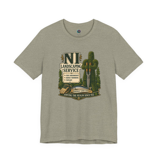 Heather stone crew-neck T-shirt with green gardening-themed emblem graphic on the chest