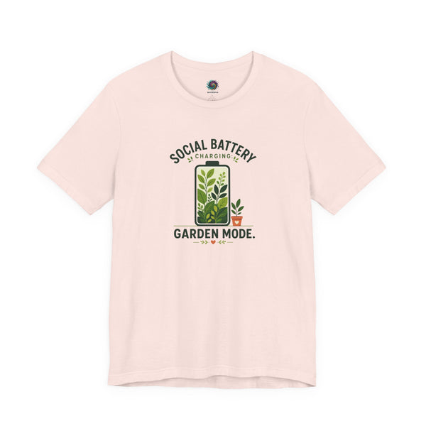 Soft pink T-shirt with 'Social Battery Charging' and 'Garden Mode' plant graphic