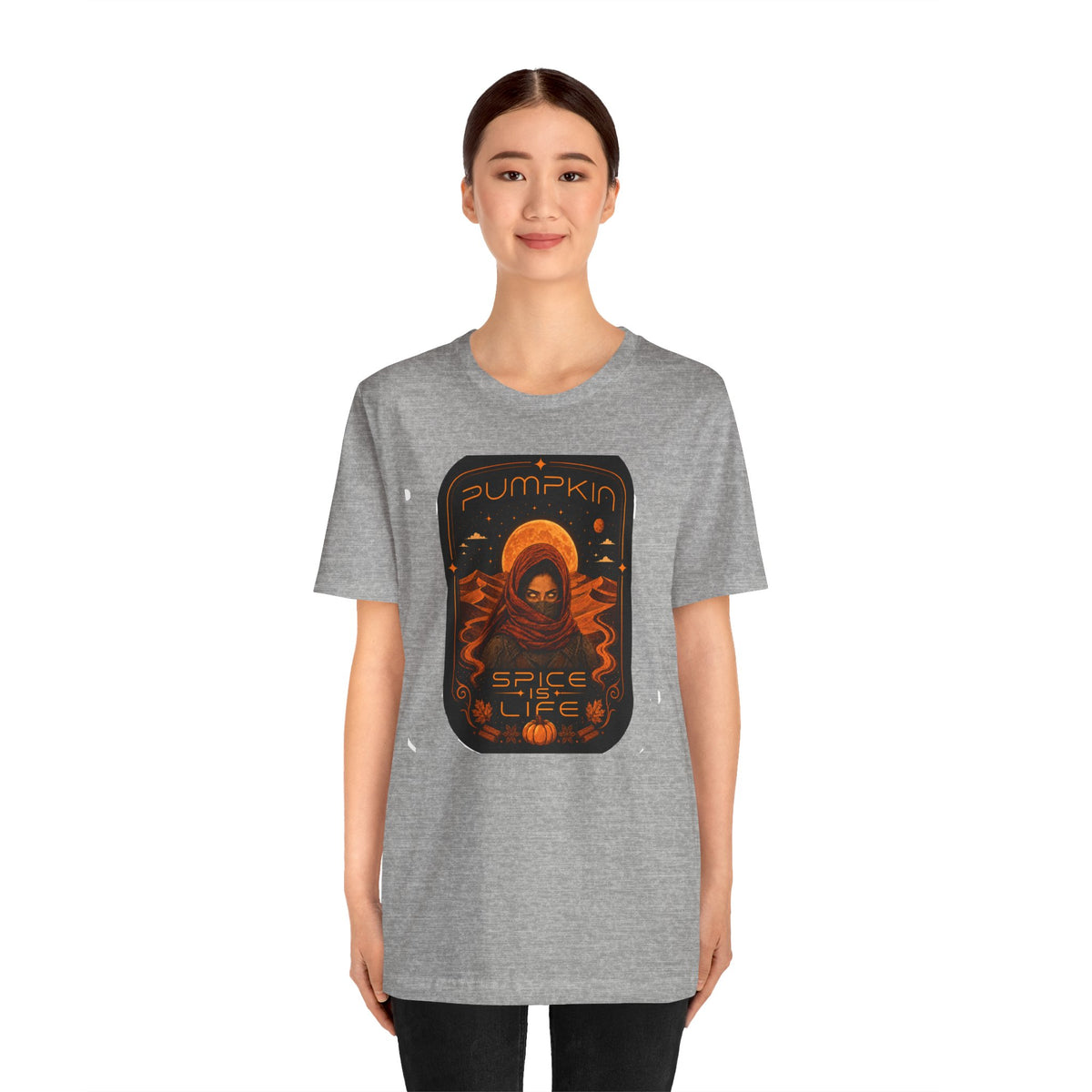 Heather gray crewneck T-shirt with pumpkin astronaut and text graphic, front view
