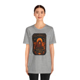 Heather gray crewneck T-shirt with pumpkin astronaut and text graphic, front view