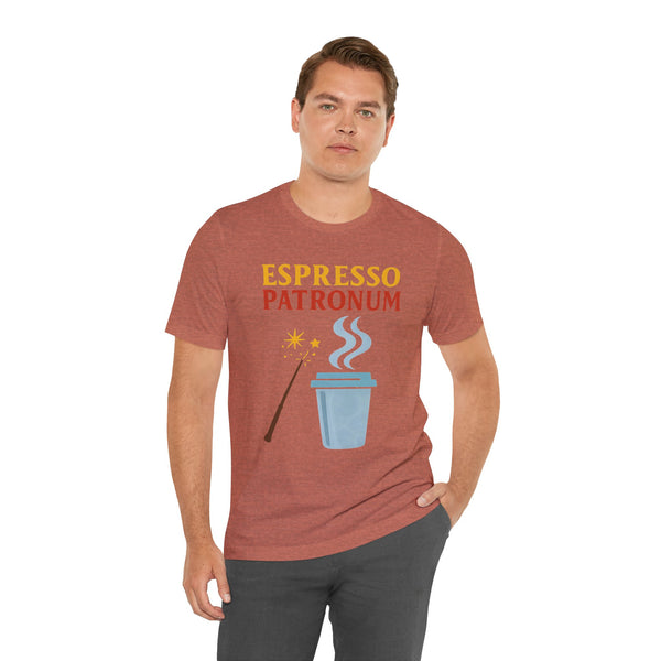 Rust red short-sleeve T-shirt with “ESPRESSO PATRONUM” coffee graphic centered on chest