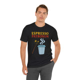 Black crew-neck T-shirt with “Espresso Patronum” lettering and steaming coffee cup print