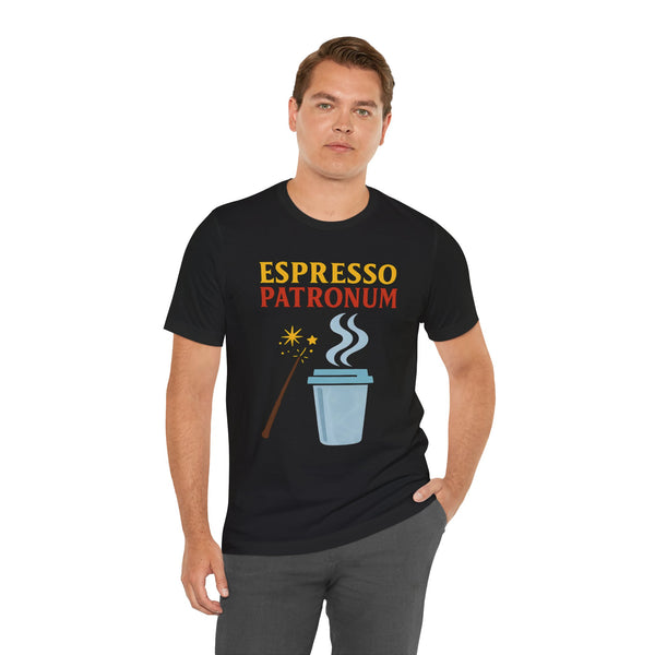 Black crew-neck T-shirt with “Espresso Patronum” lettering and steaming coffee cup print