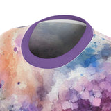 Watercolor hydrangea t-shirt neckline detail with purple ribbed crew collar