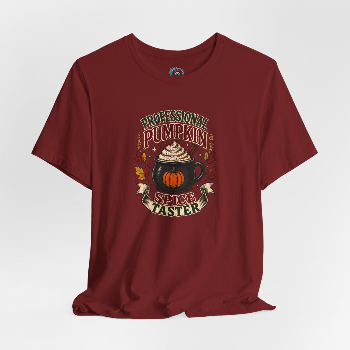 Maroon crew neck T-shirt with pumpkin spice taster graphic print at center chest