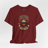 Maroon crew neck T-shirt with pumpkin spice taster graphic print at center chest