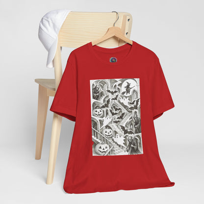 Haunted Hallways T-Shirt – Escher-Inspired Halloween Graphic Tee