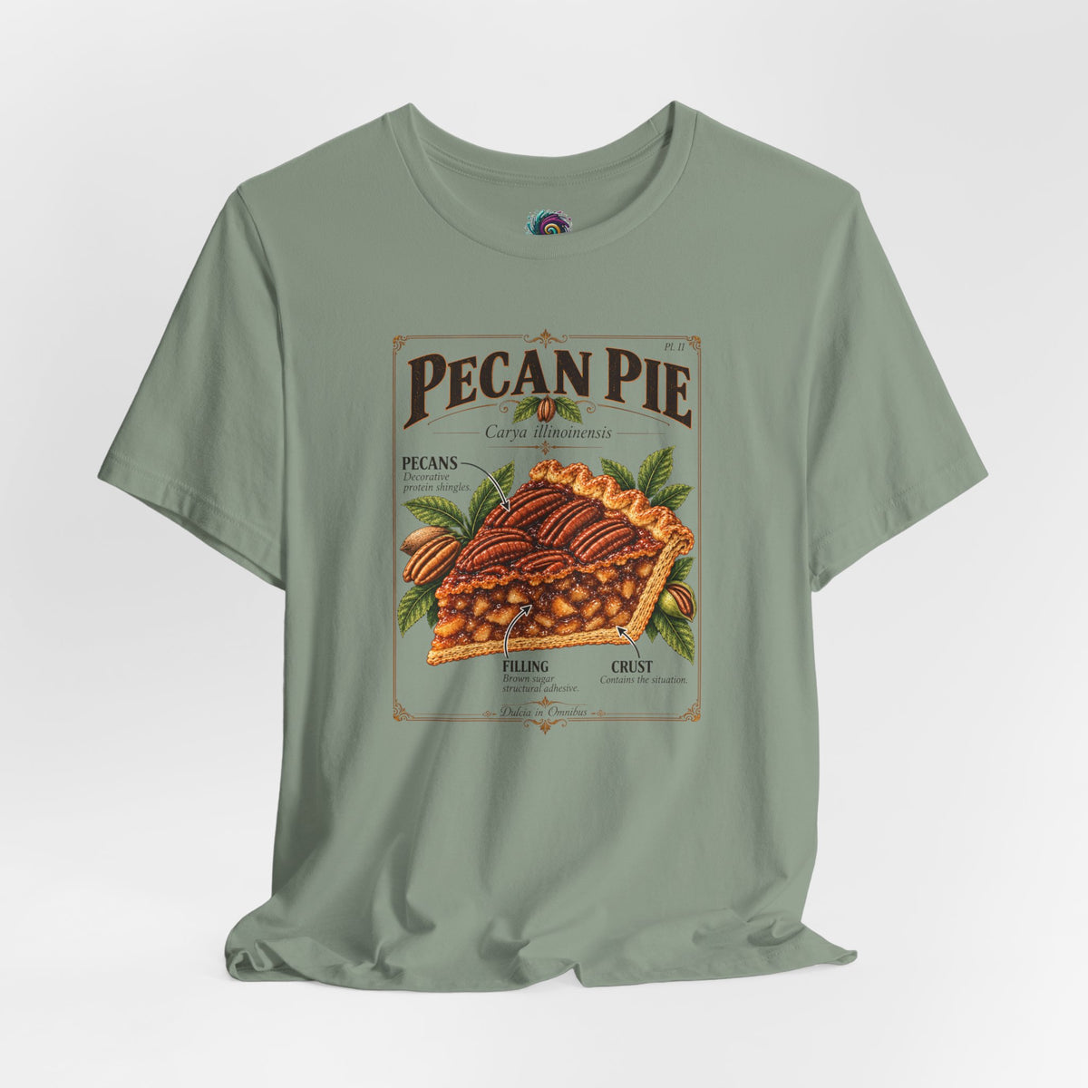 Sage green T-shirt with pecan pie anatomy chart graphic on the front.