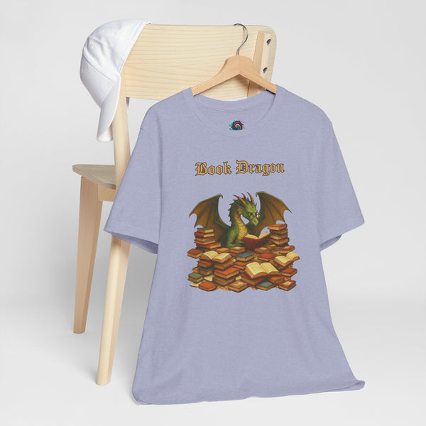 Lavender crew-neck T-shirt with Book Dragon graphic and stacks of books print