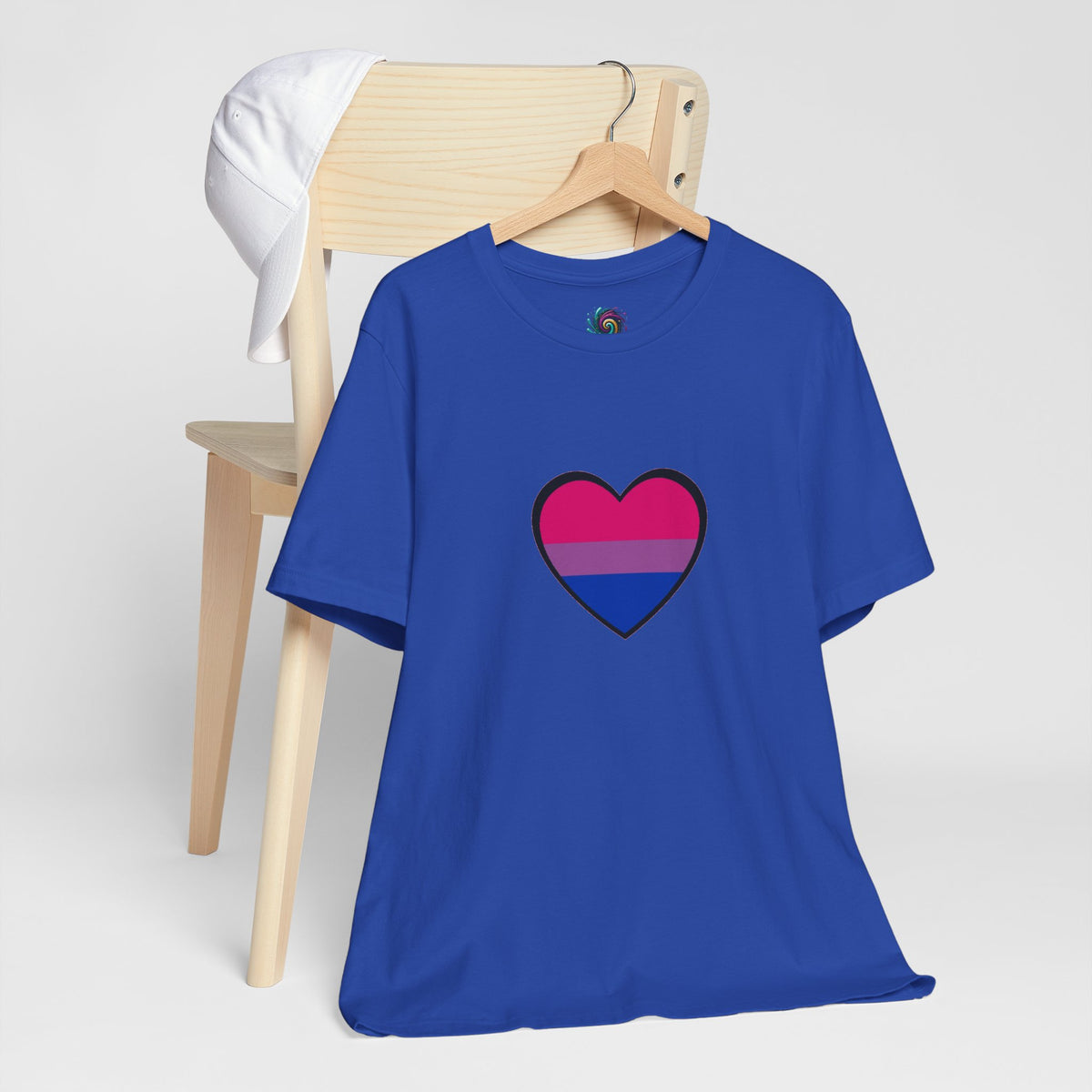 Royal blue T-shirt with bisexual pride heart graphic on front