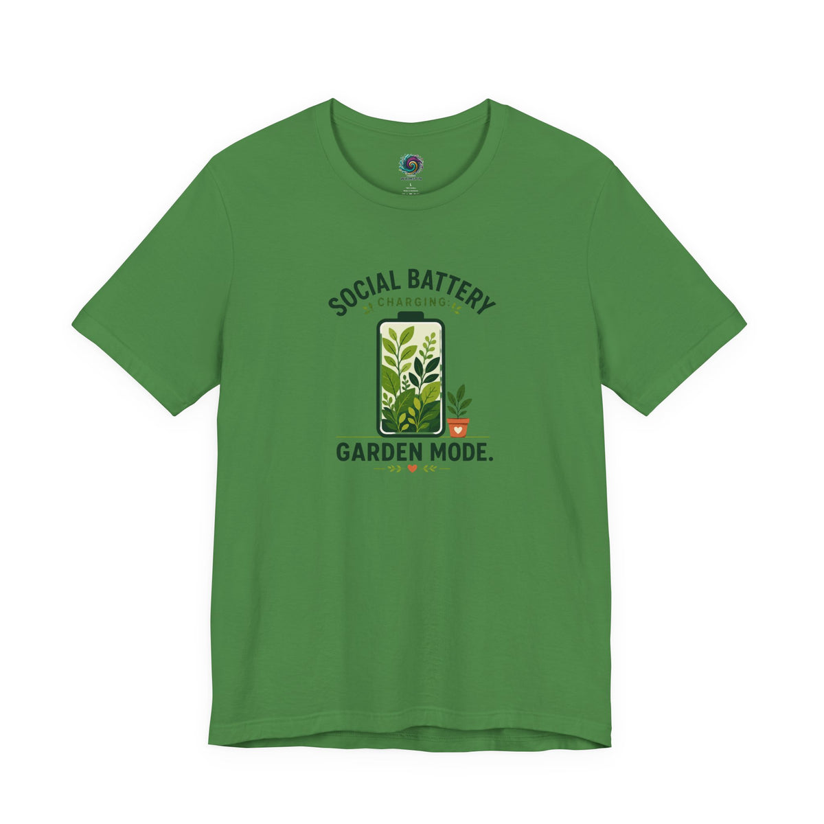 Green garden mode t-shirt with leaf logo and 'Social Battery' graphic