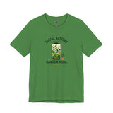 Green garden mode t-shirt with leaf logo and 'Social Battery' graphic