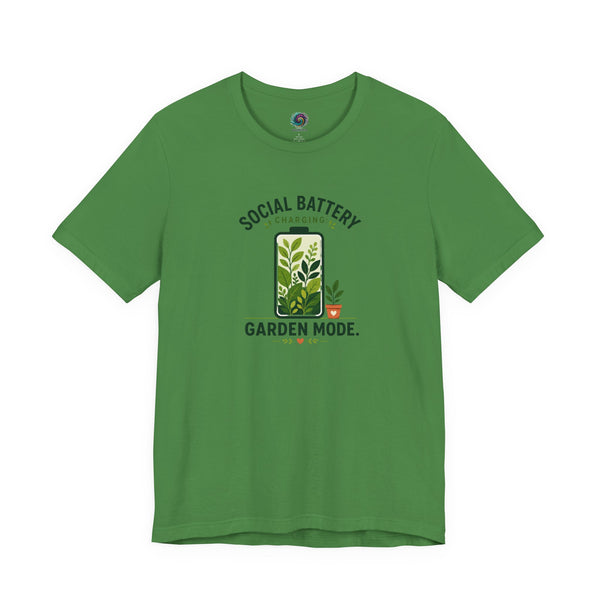 Green garden mode t-shirt with leaf logo and 'Social Battery' graphic