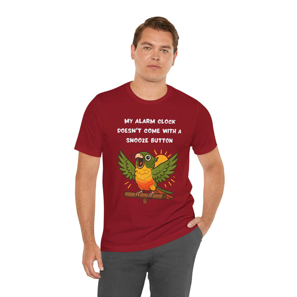 Red parrot alarm graphic t-shirt on model, front text above conure illustration