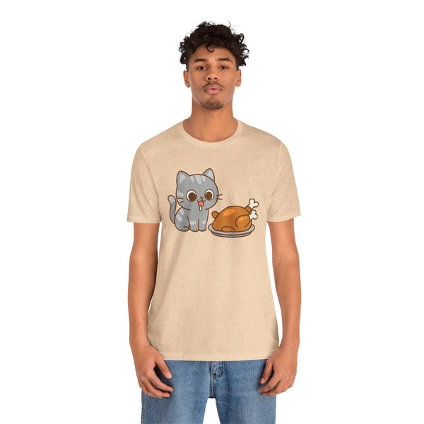 Beige crew-neck T-shirt featuring cartoon cat and turkey graphic