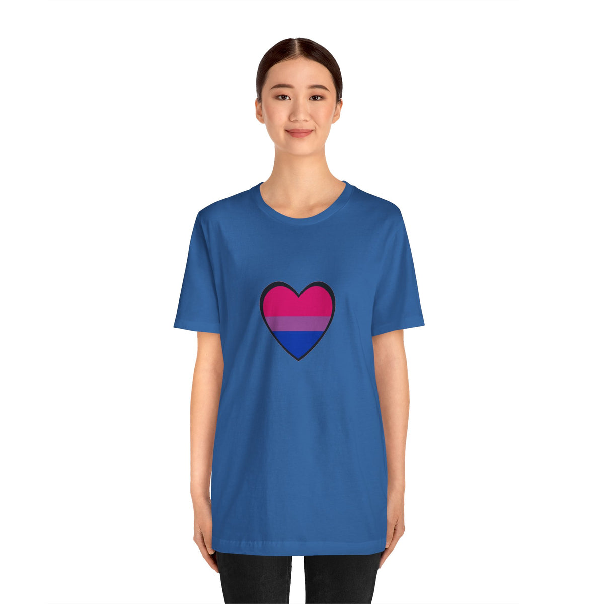 Royal blue T-shirt with center heart bisexual pride flag graphic on model