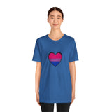 Royal blue T-shirt with center heart bisexual pride flag graphic on model