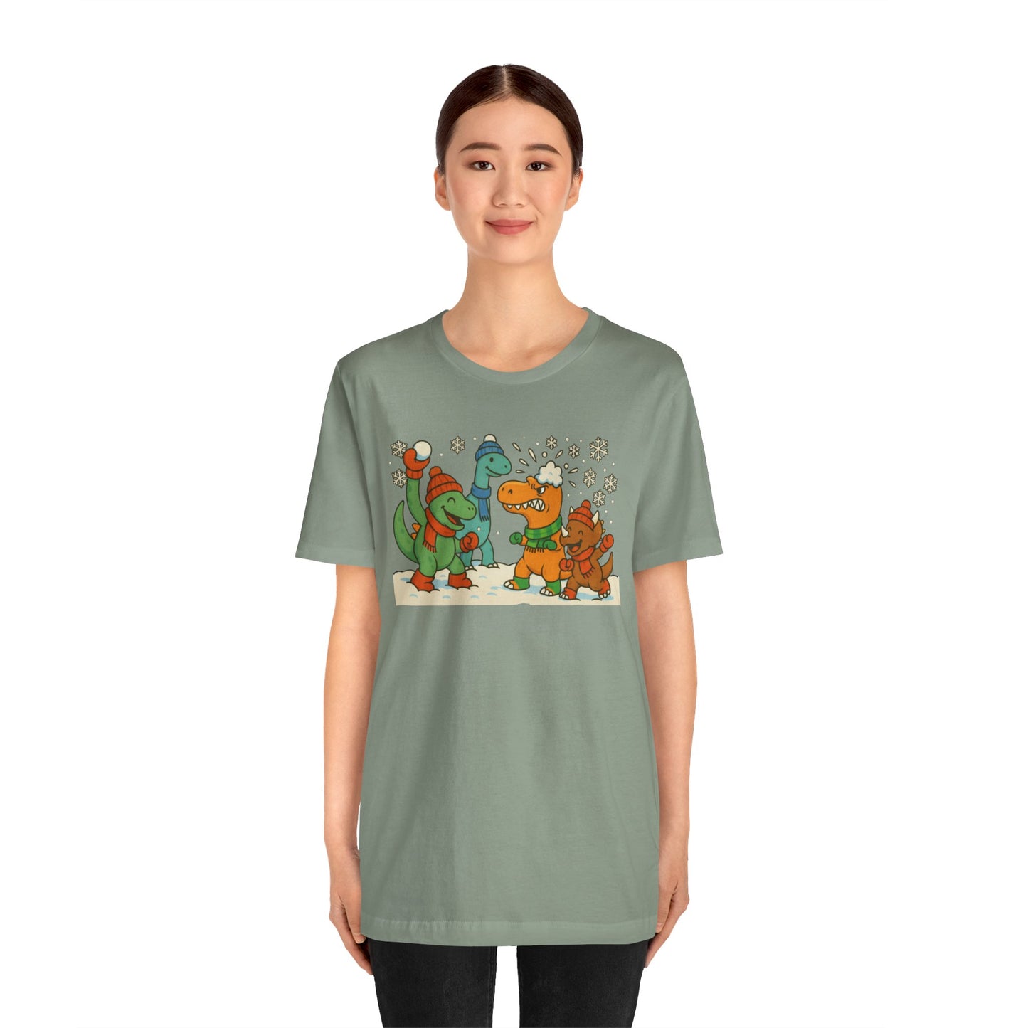 Dinosaur Snowball Fight T-Shirt – Funny Winter Dino Graphic Tee