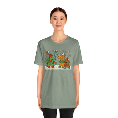 Dinosaur Snowball Fight T-Shirt – Funny Winter Dino Graphic Tee