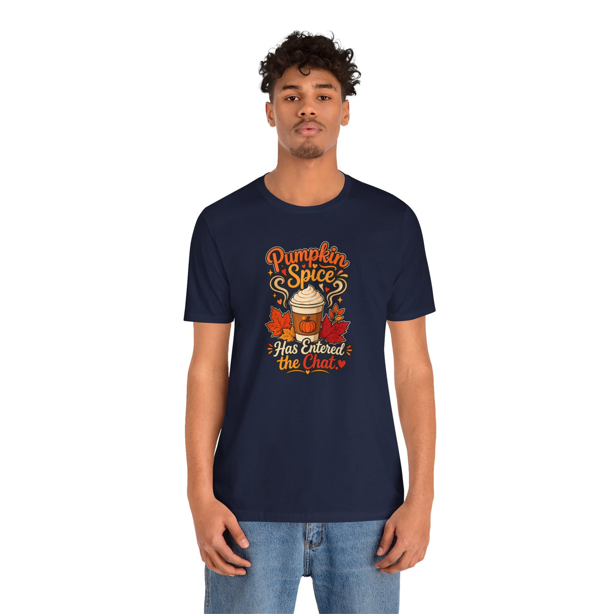 Navy crewneck T-shirt featuring pumpkin spice coffee graphic, worn with light jeans